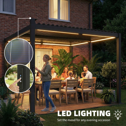 Pergola à lamelles avec éclairage solaire et toit métallique