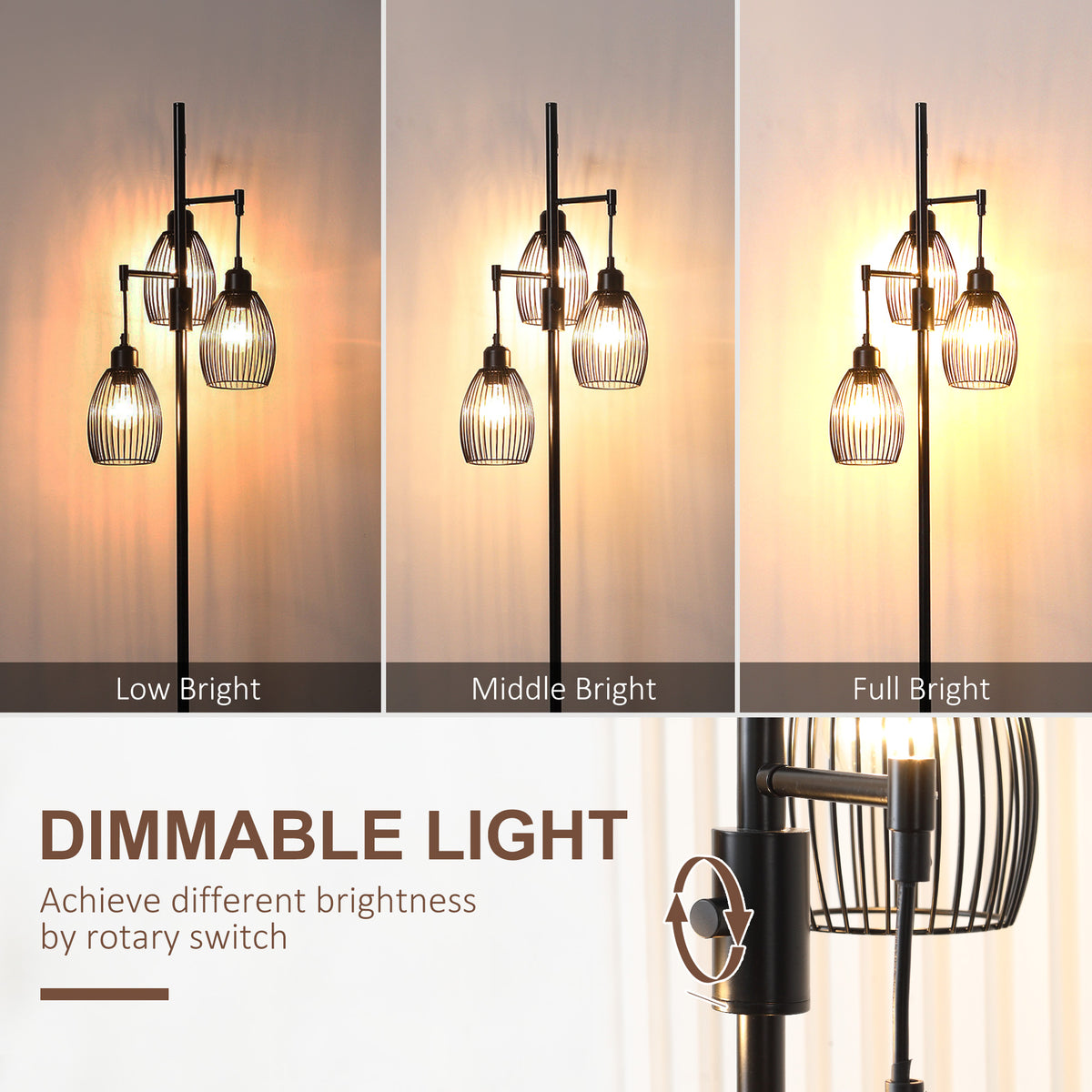 Lampadaire industriel 3 abat-jour suspendus, gradable