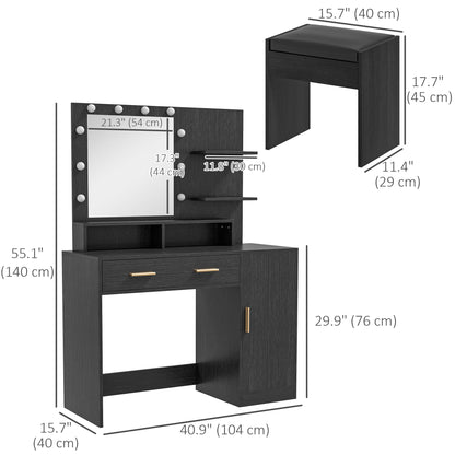 Coiffeuse avec miroir LED et tabouret