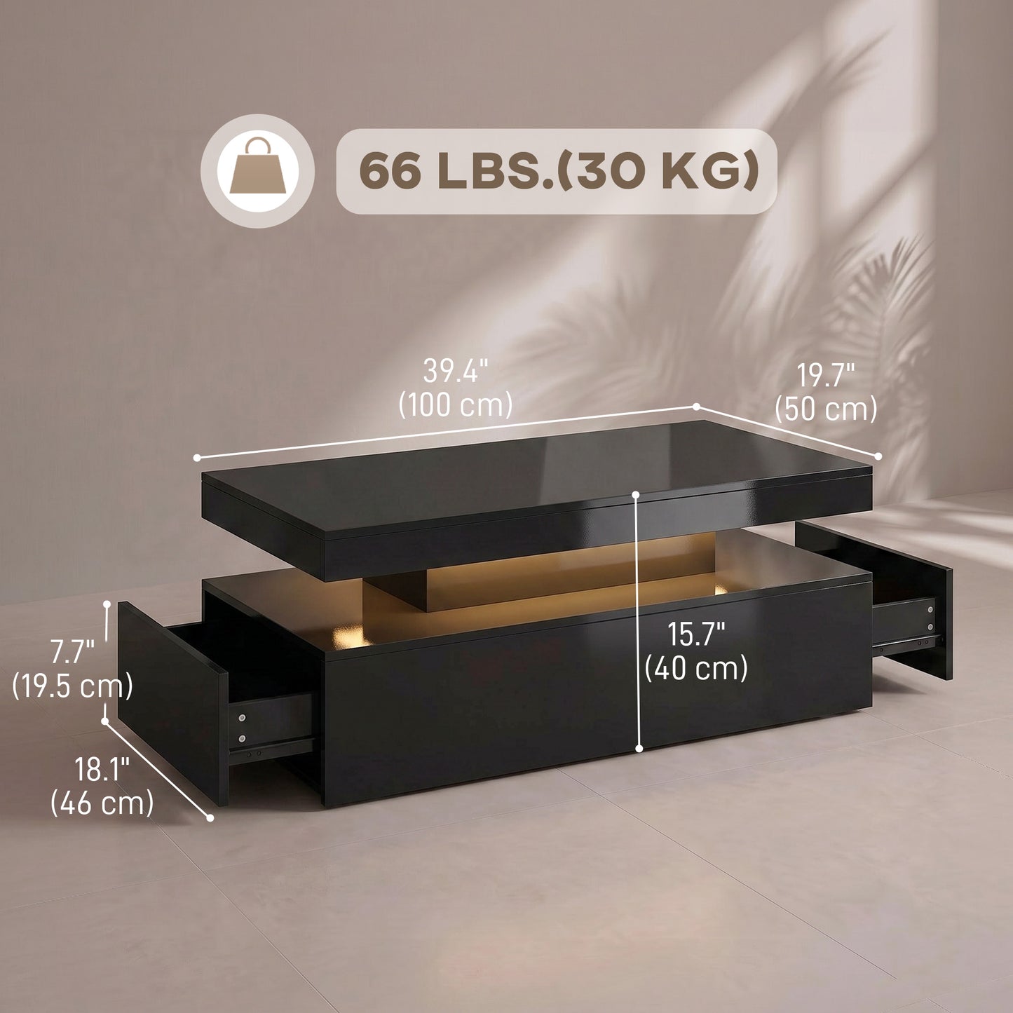 Table basse LED 2 tiroirs haute brillance