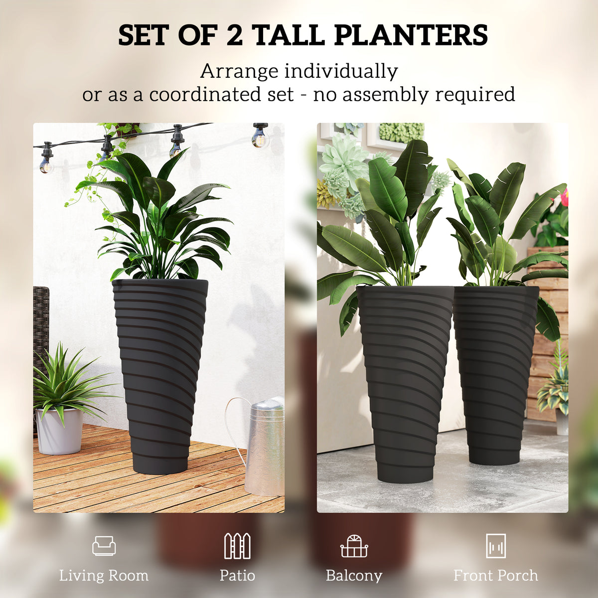 Ensemble de 2 bacs à fleurs empilables 29 po — noir