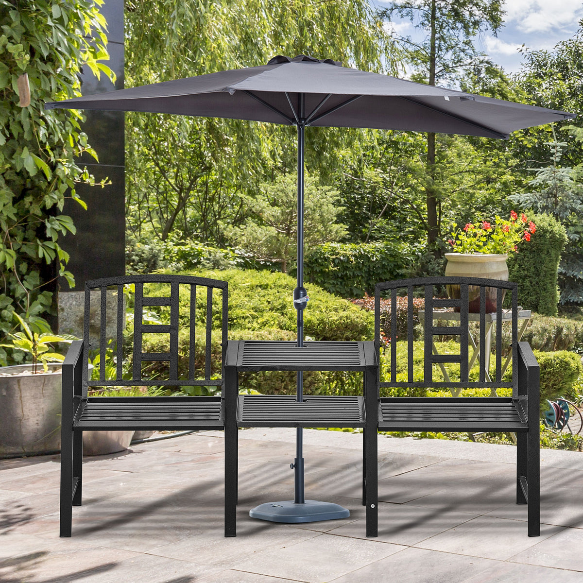 Banc de jardin acier avec table centrale — Gris