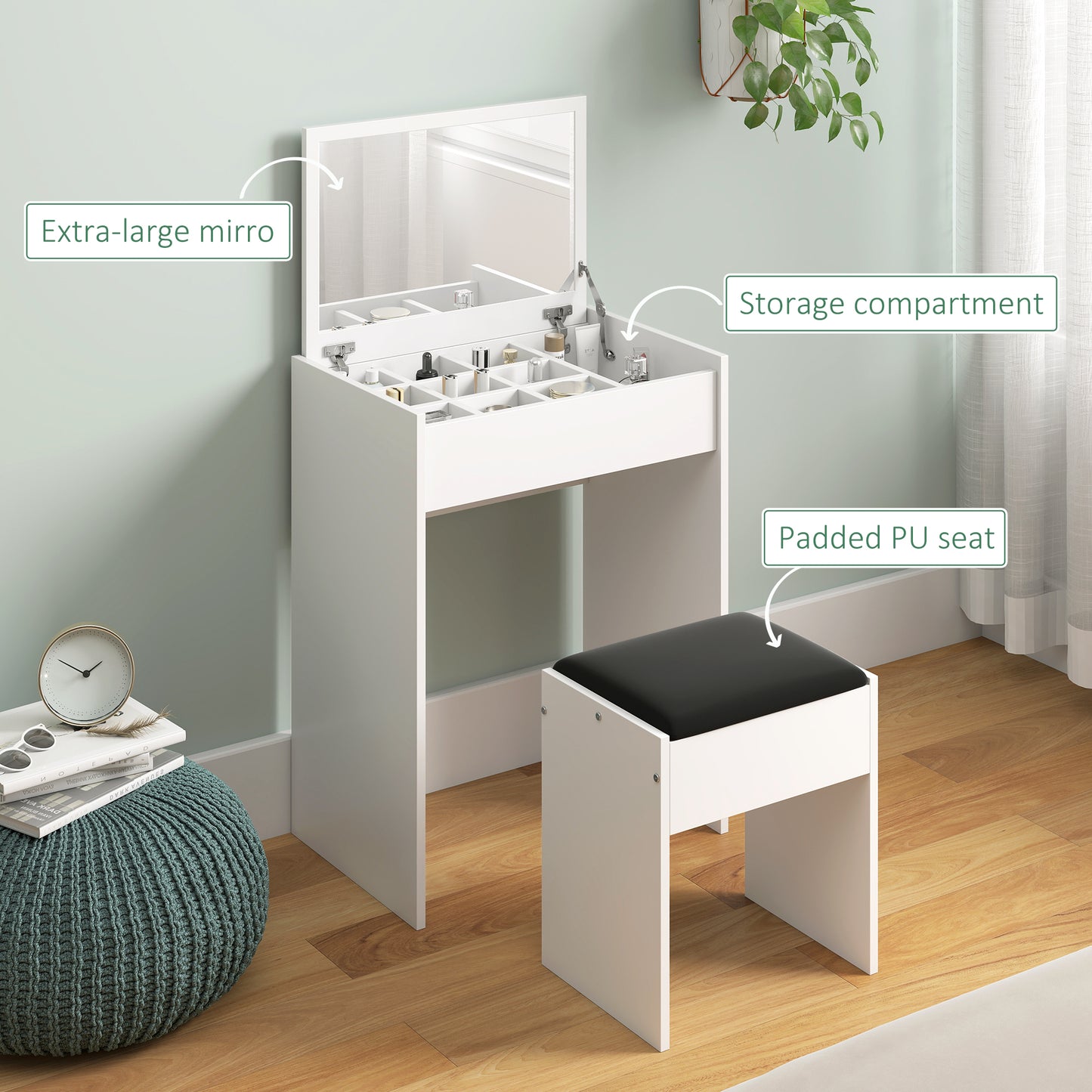Coiffeuse moderne avec miroir rabattable et tabouret rembourré