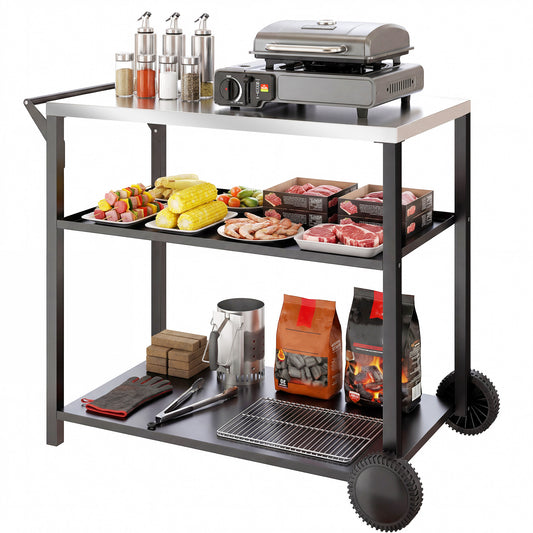 Chariot BBQ mobile 3 tablettes acier inoxydable