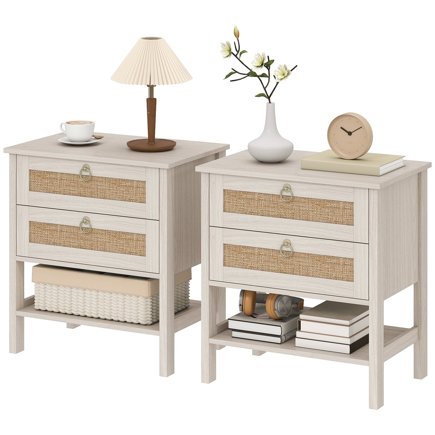 Tables de chevet boho avec tiroirs et étagère — lot de 2