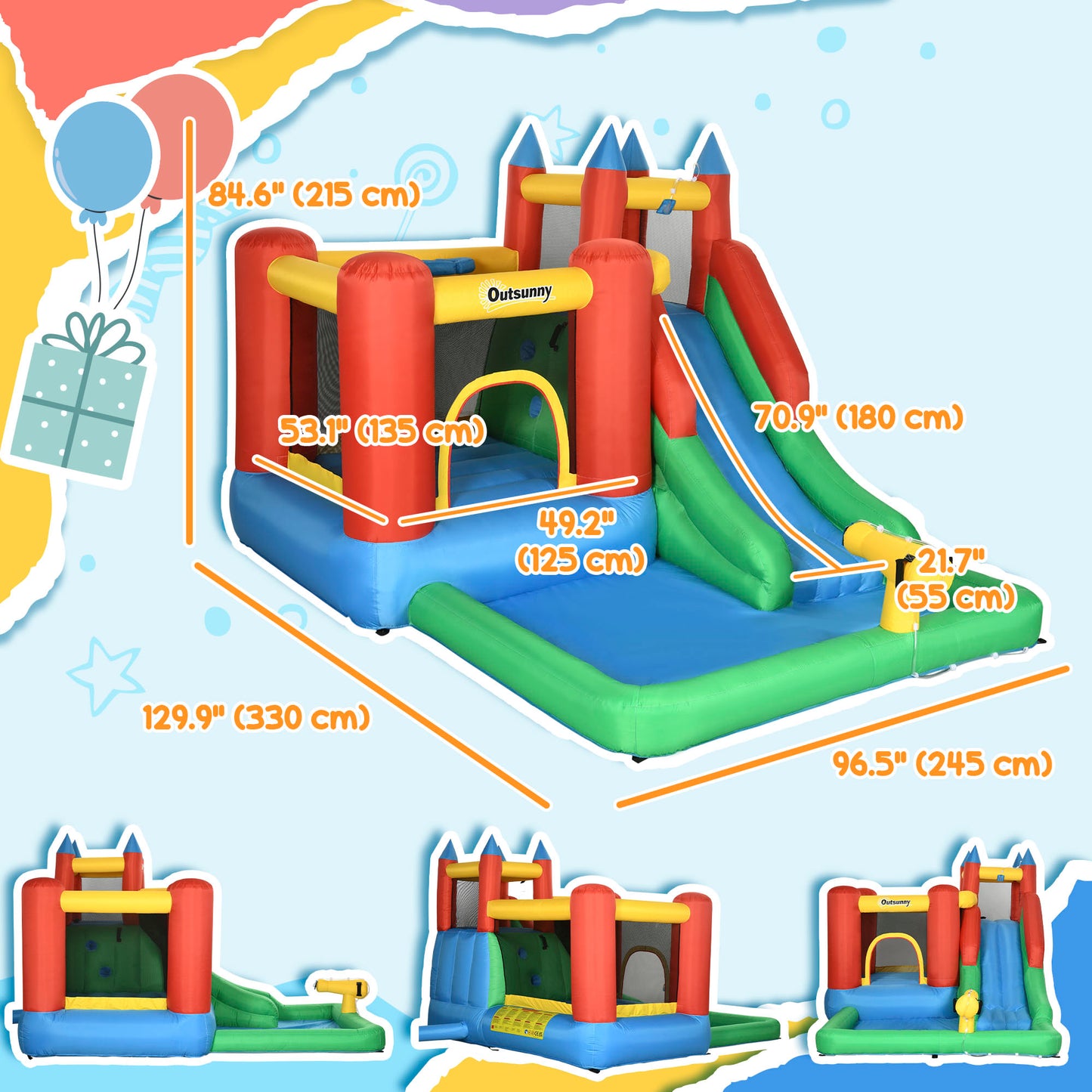 Château gonflable 6 en 1 avec trampoline, glissade et piscine