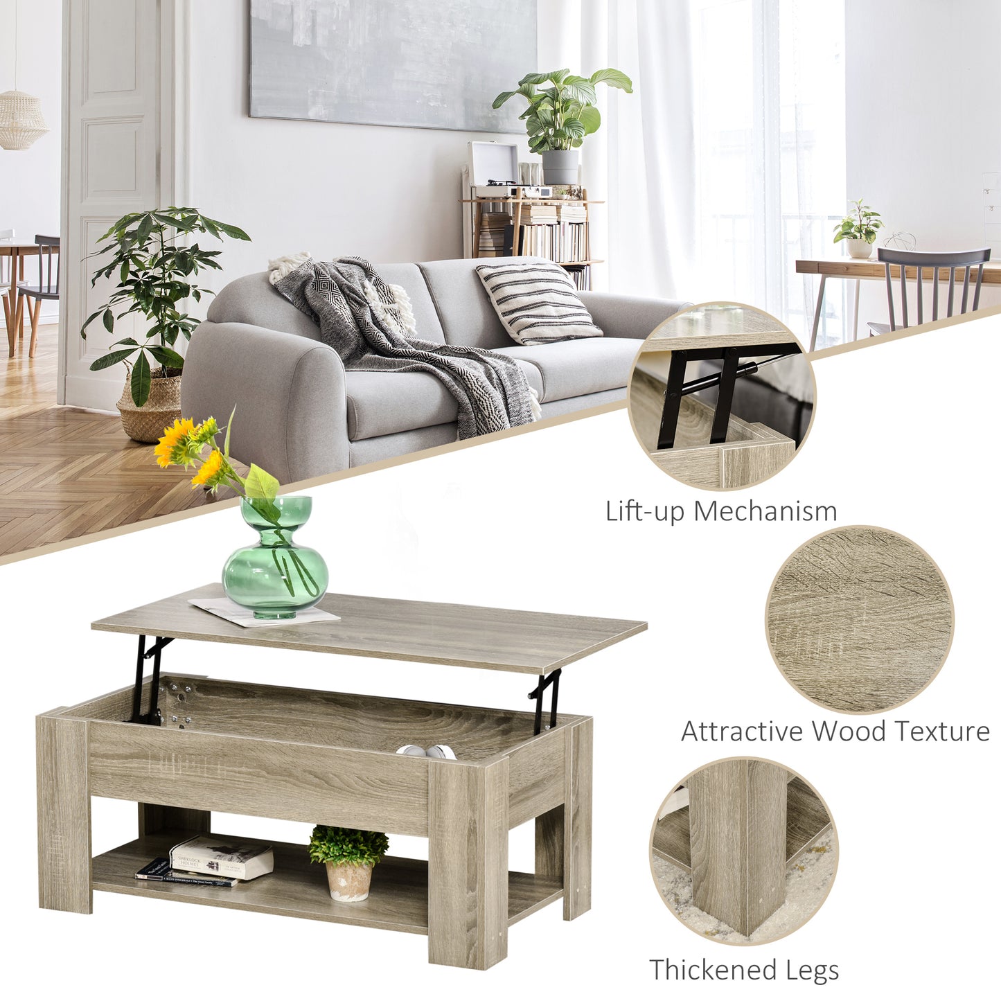Table basse relevable avec rangement caché et tablette