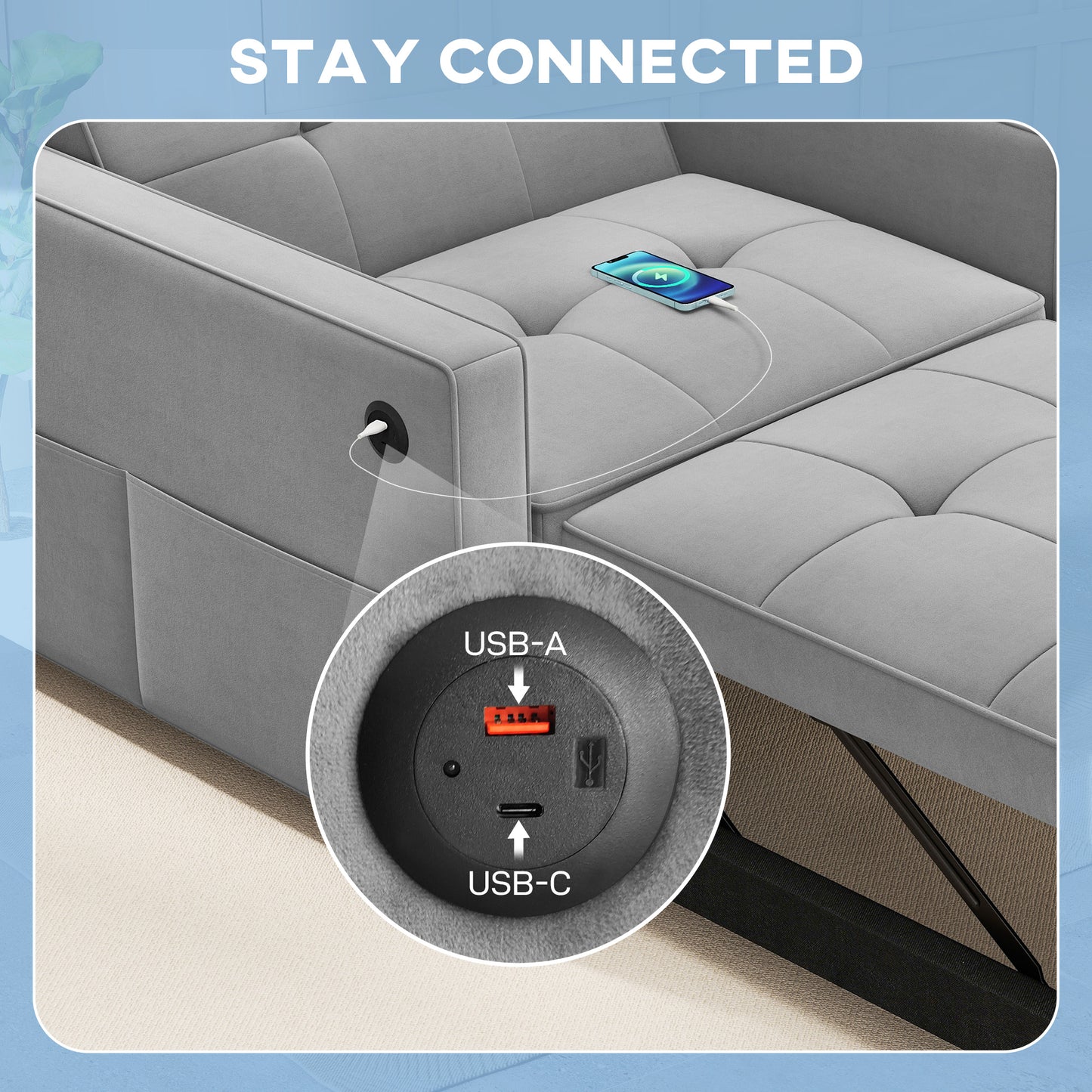 Fauteuil-lit convertible en velours avec USB