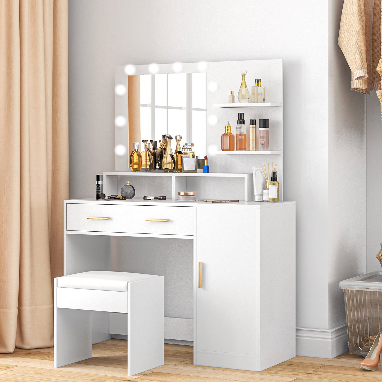 Coiffeuse avec miroir LED et tabouret
