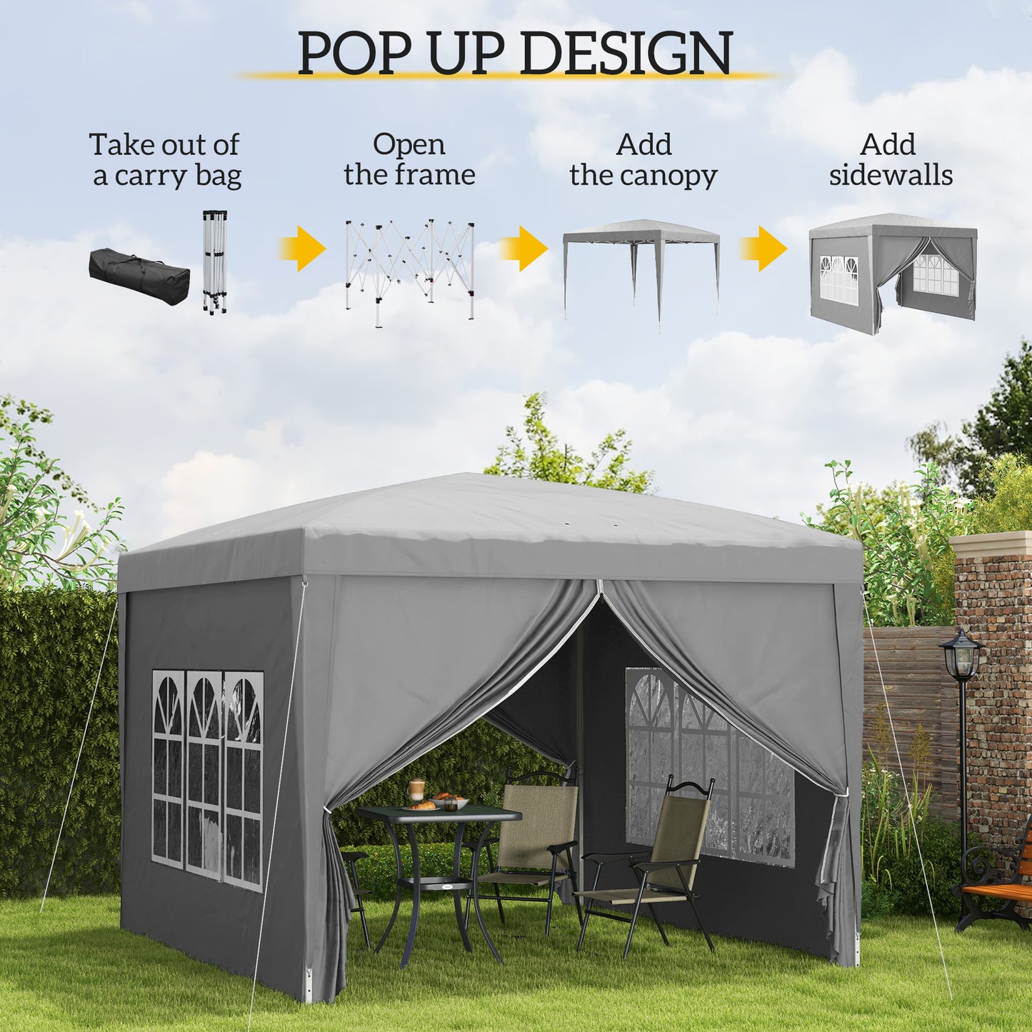Tente de jardin escamotable 3 x 3 m avec sac de transport