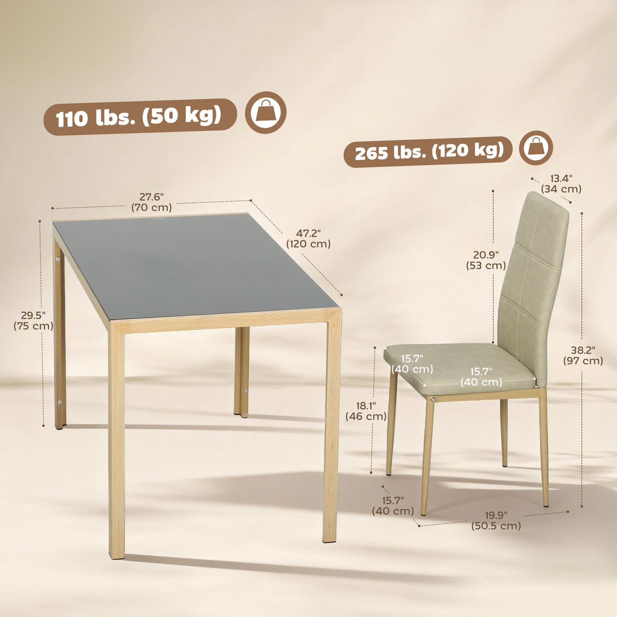 Ensemble salle à manger 3 pièces verre trempé cadre métal — Brun clair