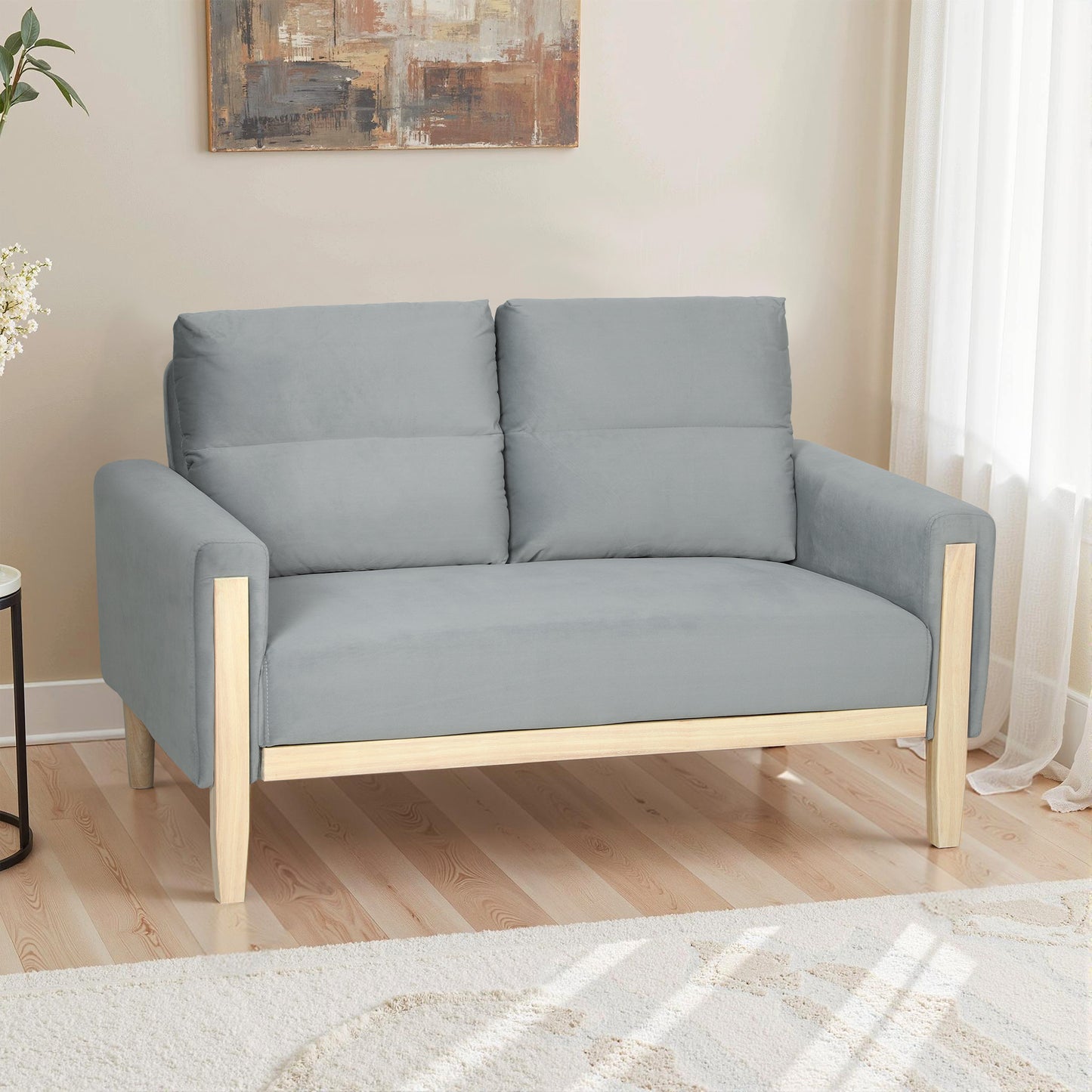 Causeuse 2 places velours pattes bois blanchi 134 cm