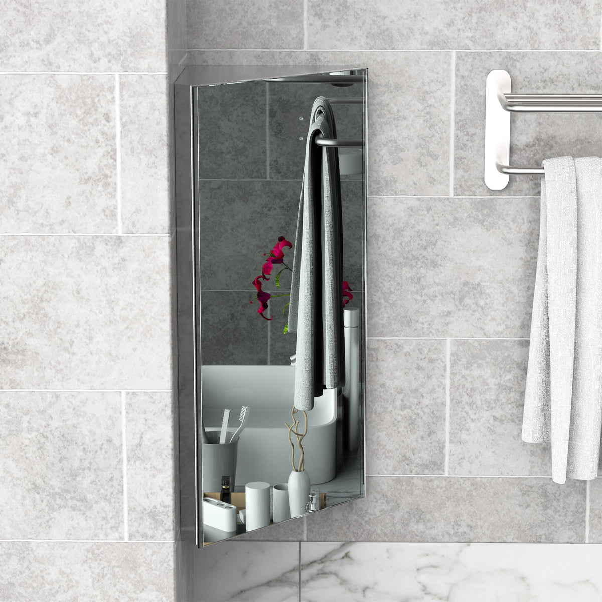Armoire de toilette d'angle murale en acier inoxydable