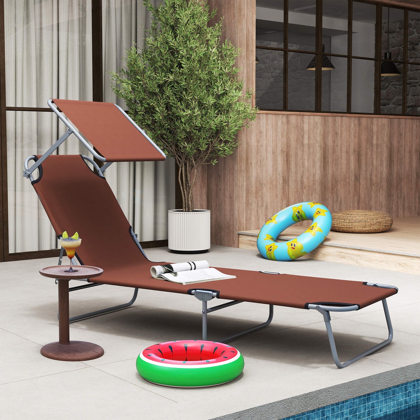 Chaise longue pliante avec auvent réglable