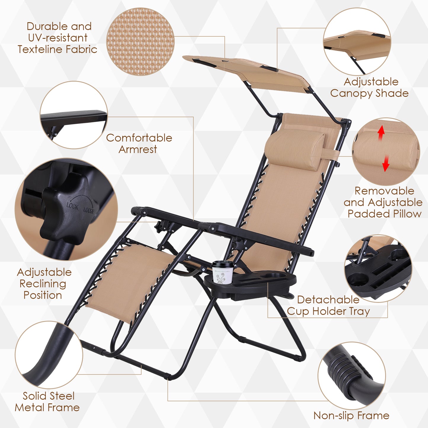 Chaise longue zéro gravité pliable avec auvent