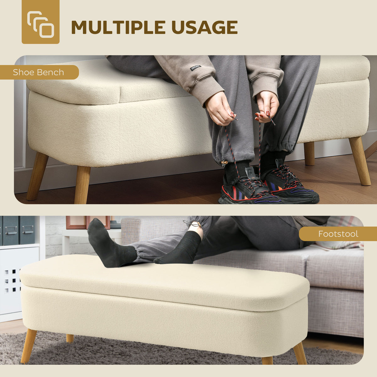 Banc de rangement en bouclette rembourré 120 cm
