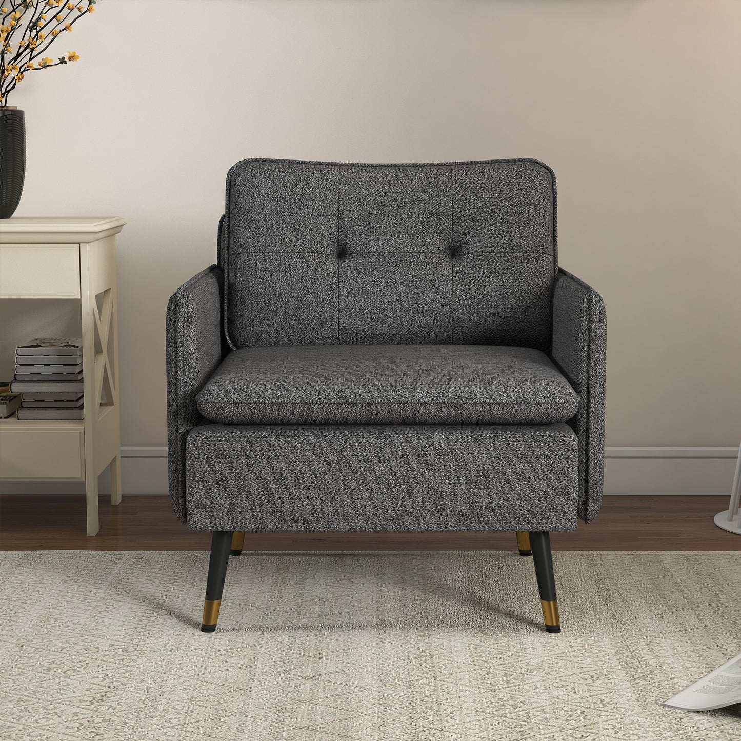 Fauteuil d'accent rembourré dossier capitonné pieds acier