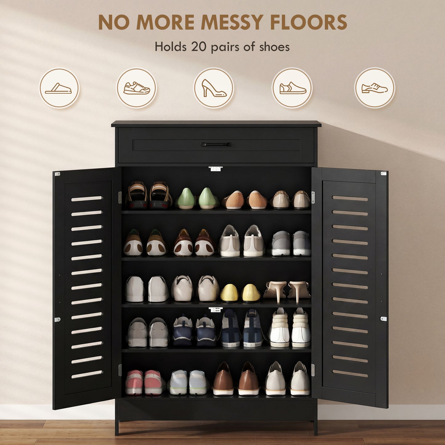 Armoire à chaussures portes persiennées avec tiroir