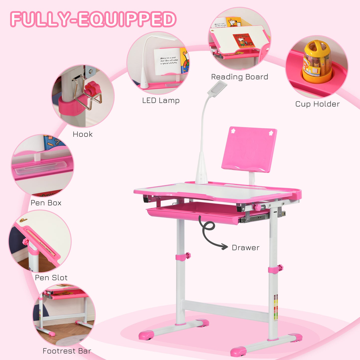 Bureau enfant ajustable avec chaise et lampe LED
