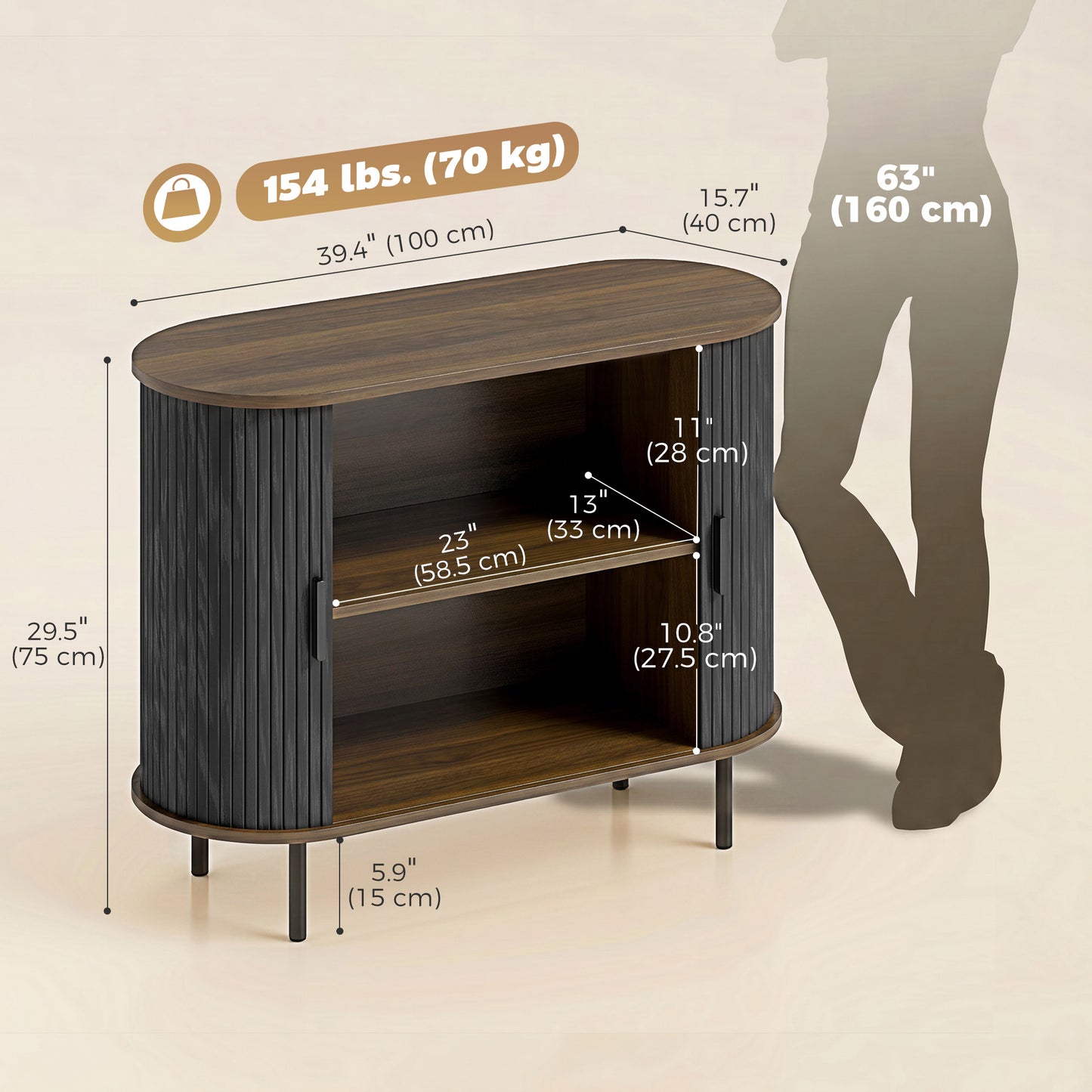Buffet bas portes tambour coulissantes rangement ajustable