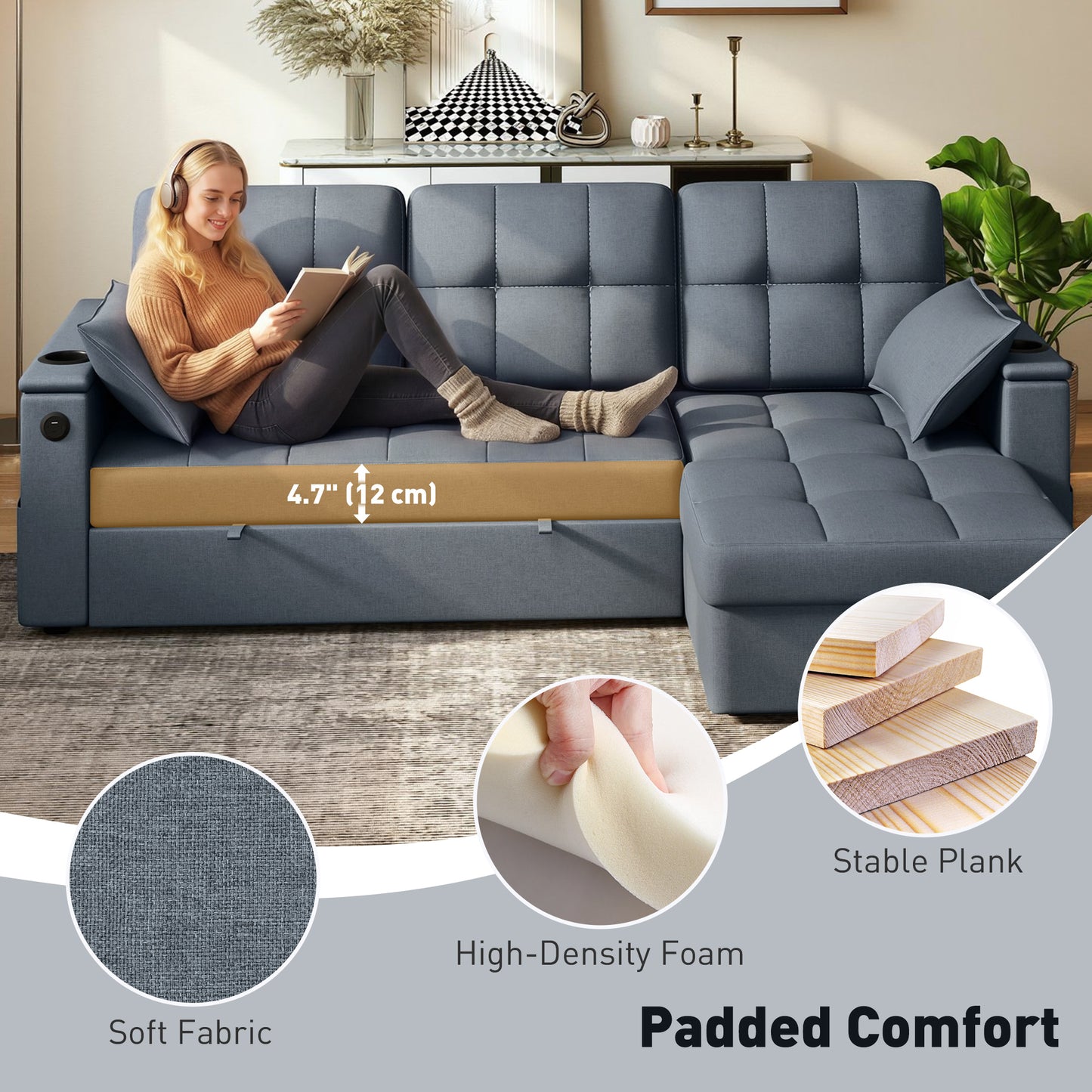Sofa-lit sectionnel convertible en L avec rangement et ports USB