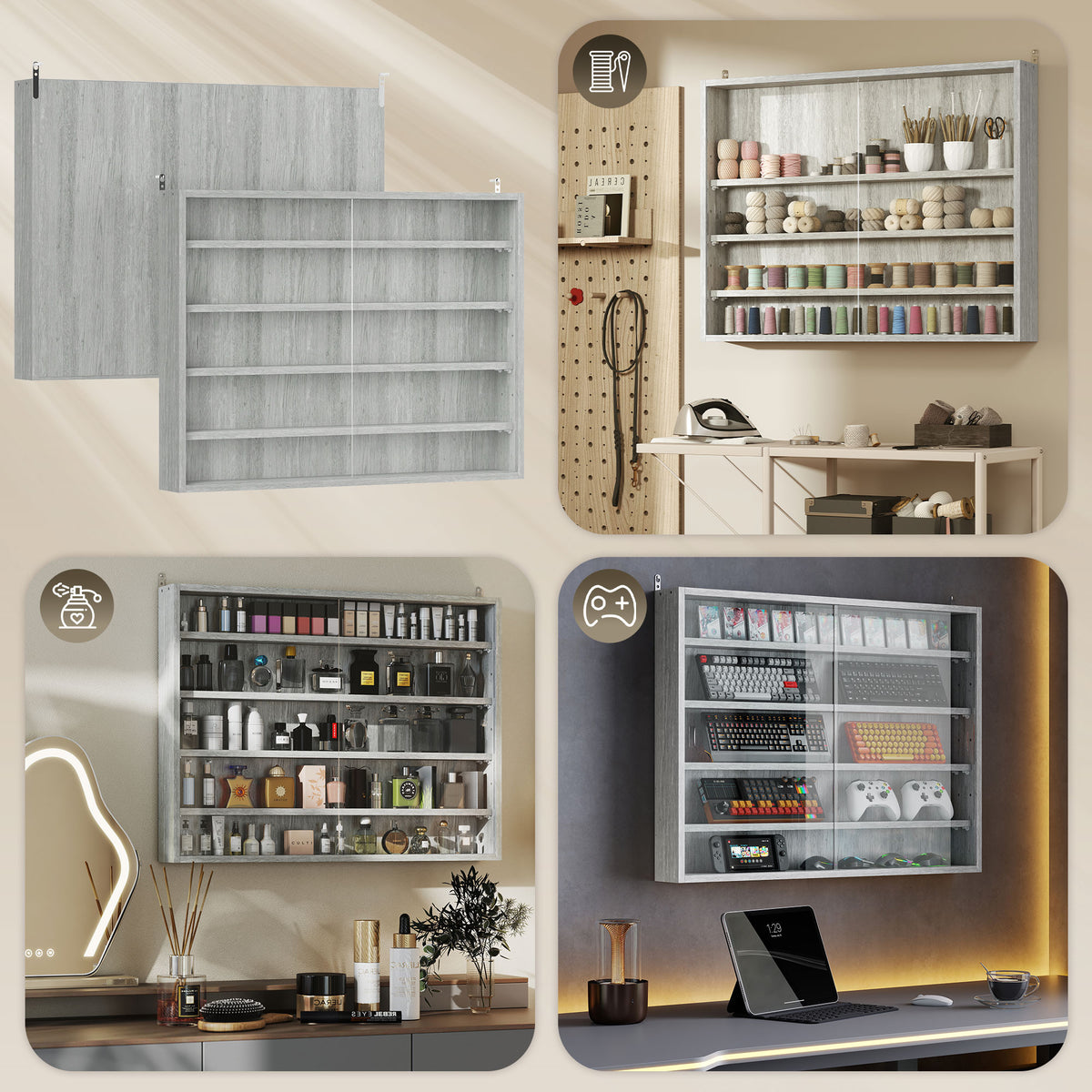 Vitrine murale 5 tablettes avec 2 portes en verre