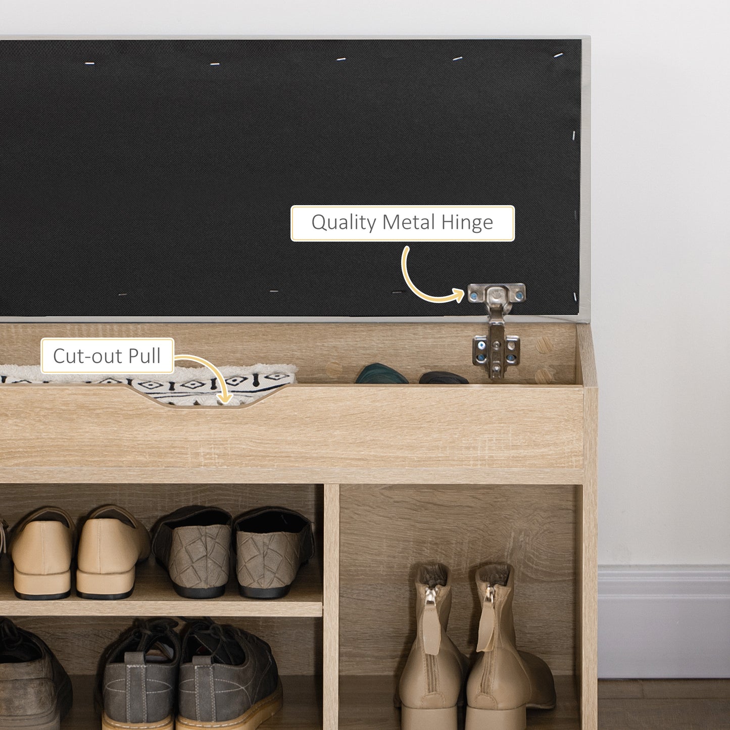 Banc à chaussures avec coussin et rangement caché