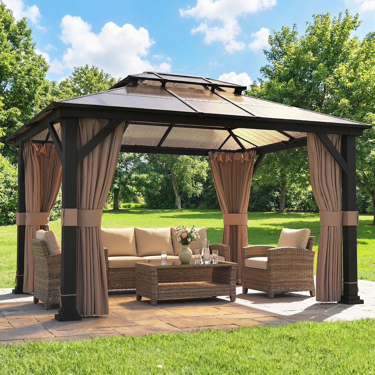 Gazebo toit rigide polycarbonate double 3m x 3,6m — Kaki