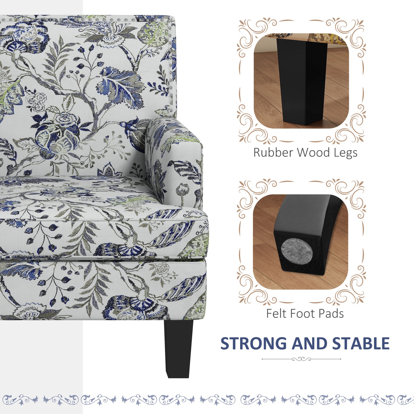 Fauteuil accent mi-siècle motif floral à clous