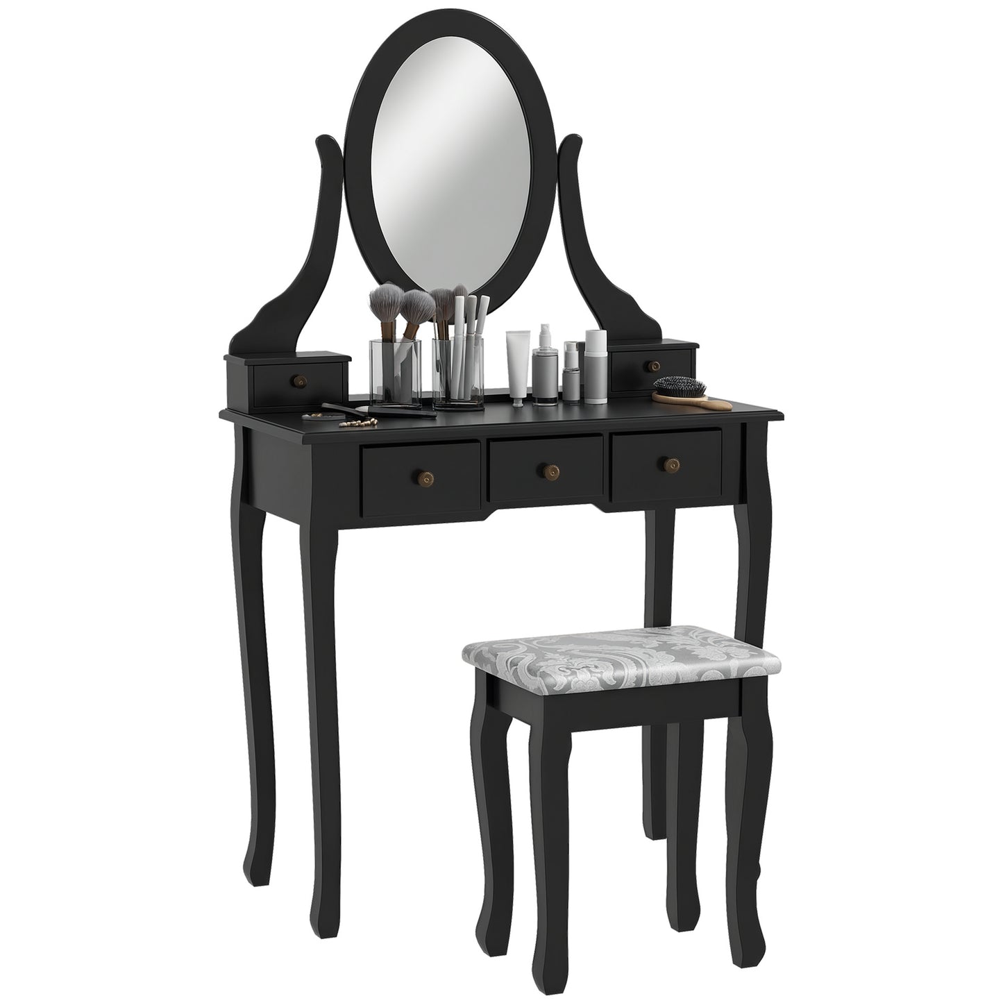 Coiffeuse avec tabouret miroir rotatif 360° 5 tiroirs