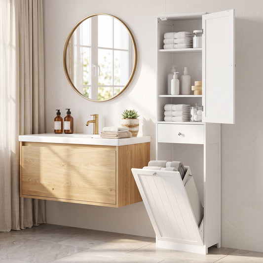 Meuble de salle de bain étroit avec panier à linge