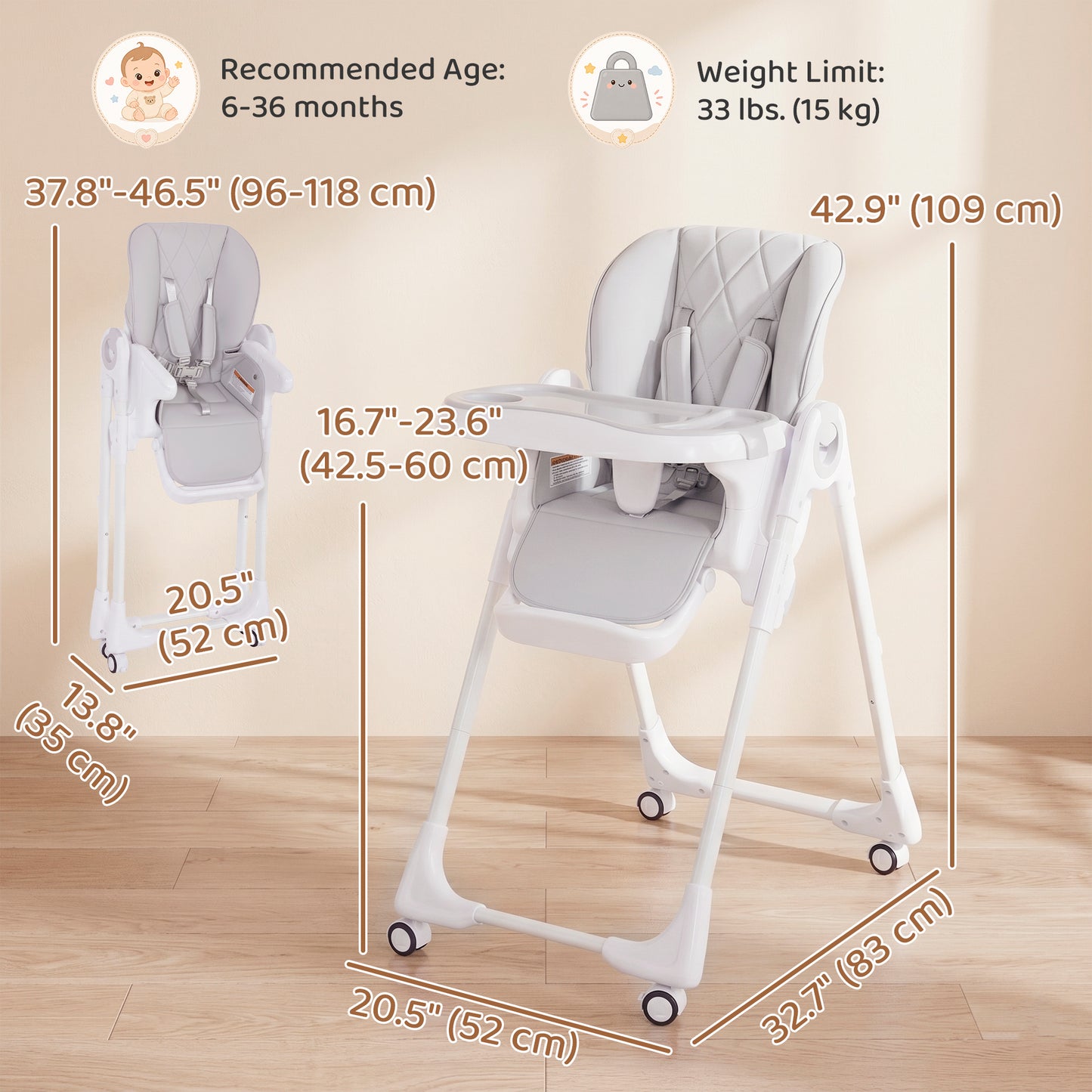 Chaise haute pliable avec double plateau et roulettes