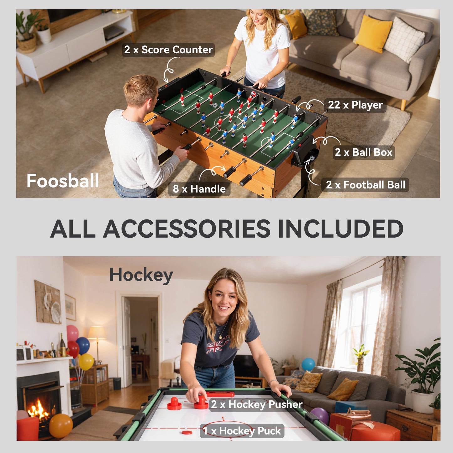 Table multi-jeux 5-en-1 avec baby-foot, billard, hockey