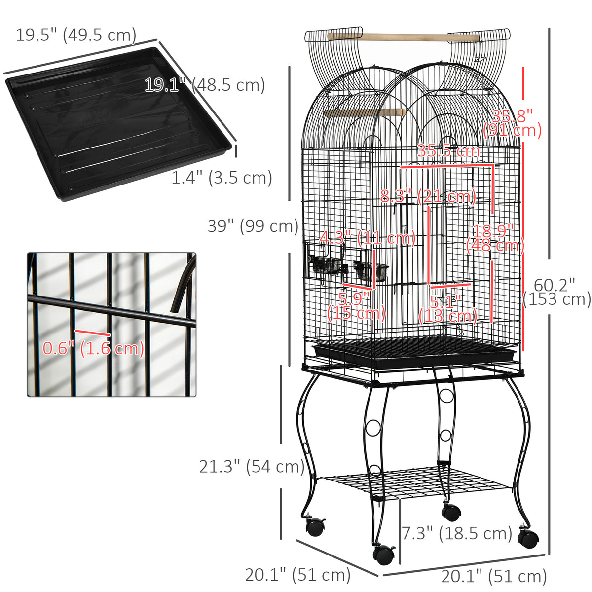 Grande cage à oiseaux sur roulettes avec toit ouvrant