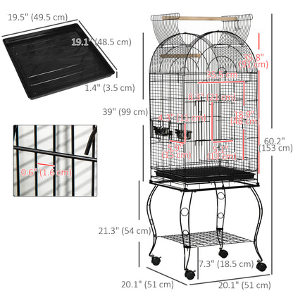 Grande cage à oiseaux sur roulettes avec toit ouvrant