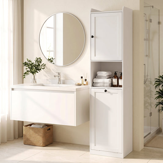 Meuble de rangement pour salle de bains étroit avec panier