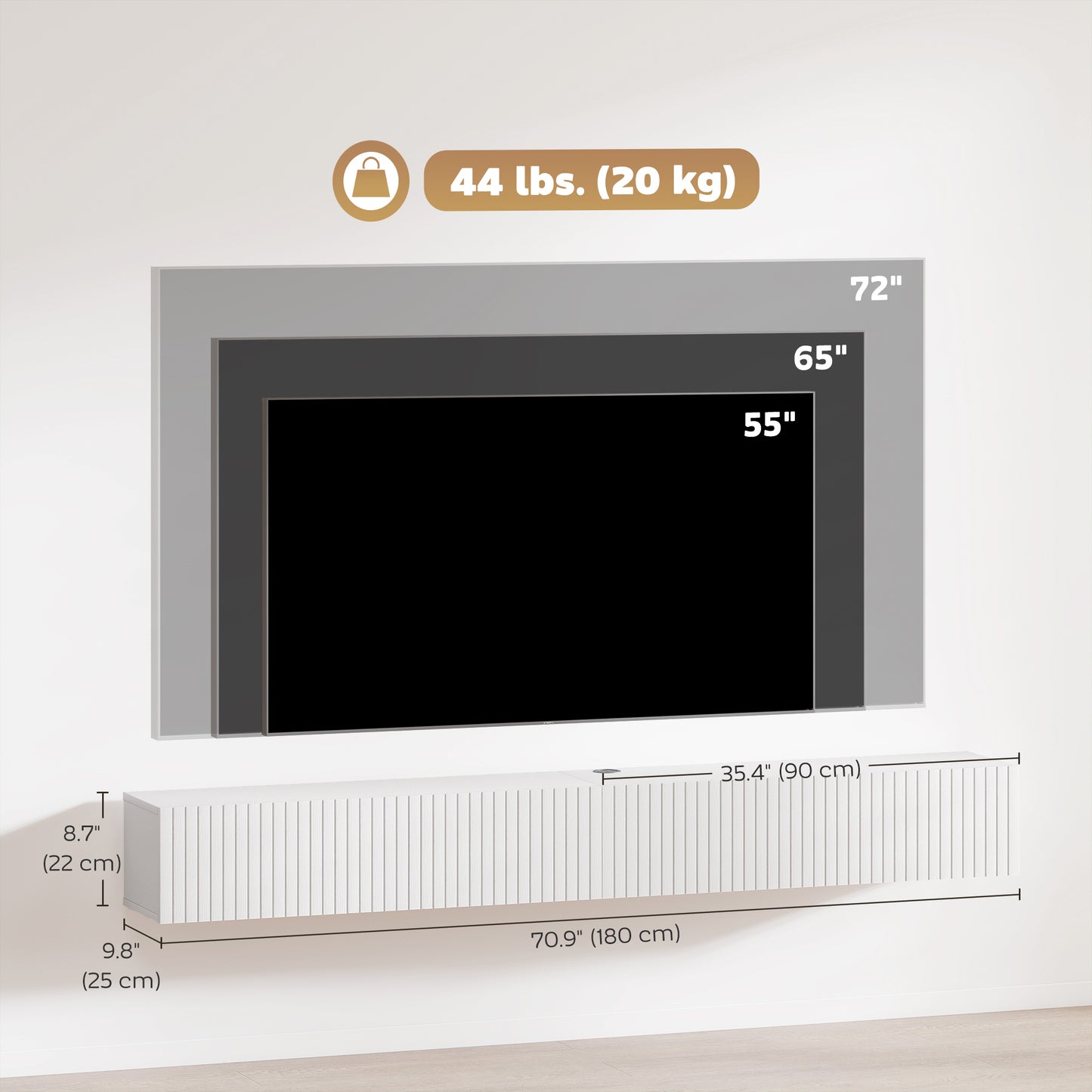 Meuble TV mural flottant avec portes cannelées 180 cm