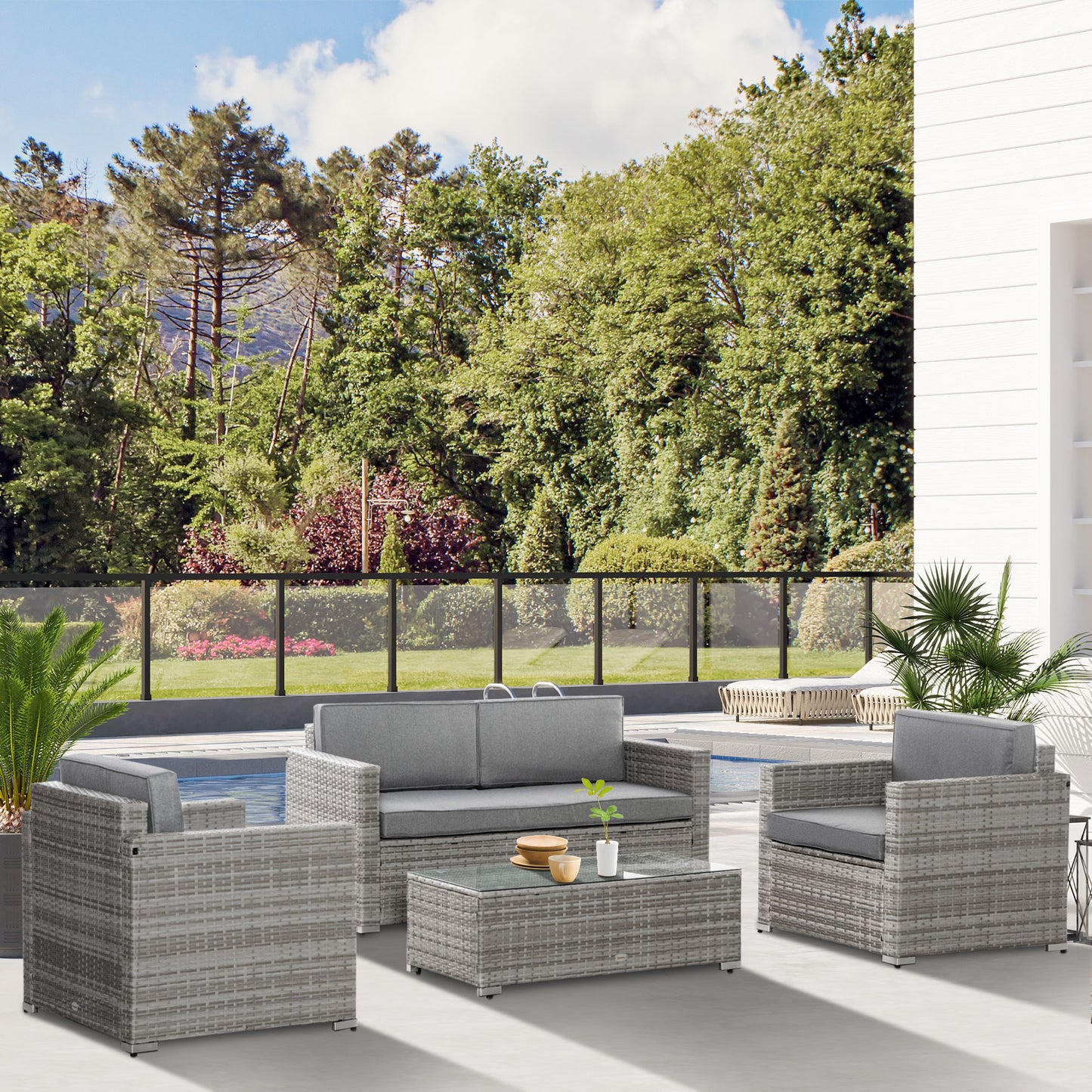 Outsunny 4 Pcs Rattan Patio Set - Thick Cushions, Mixed Grey