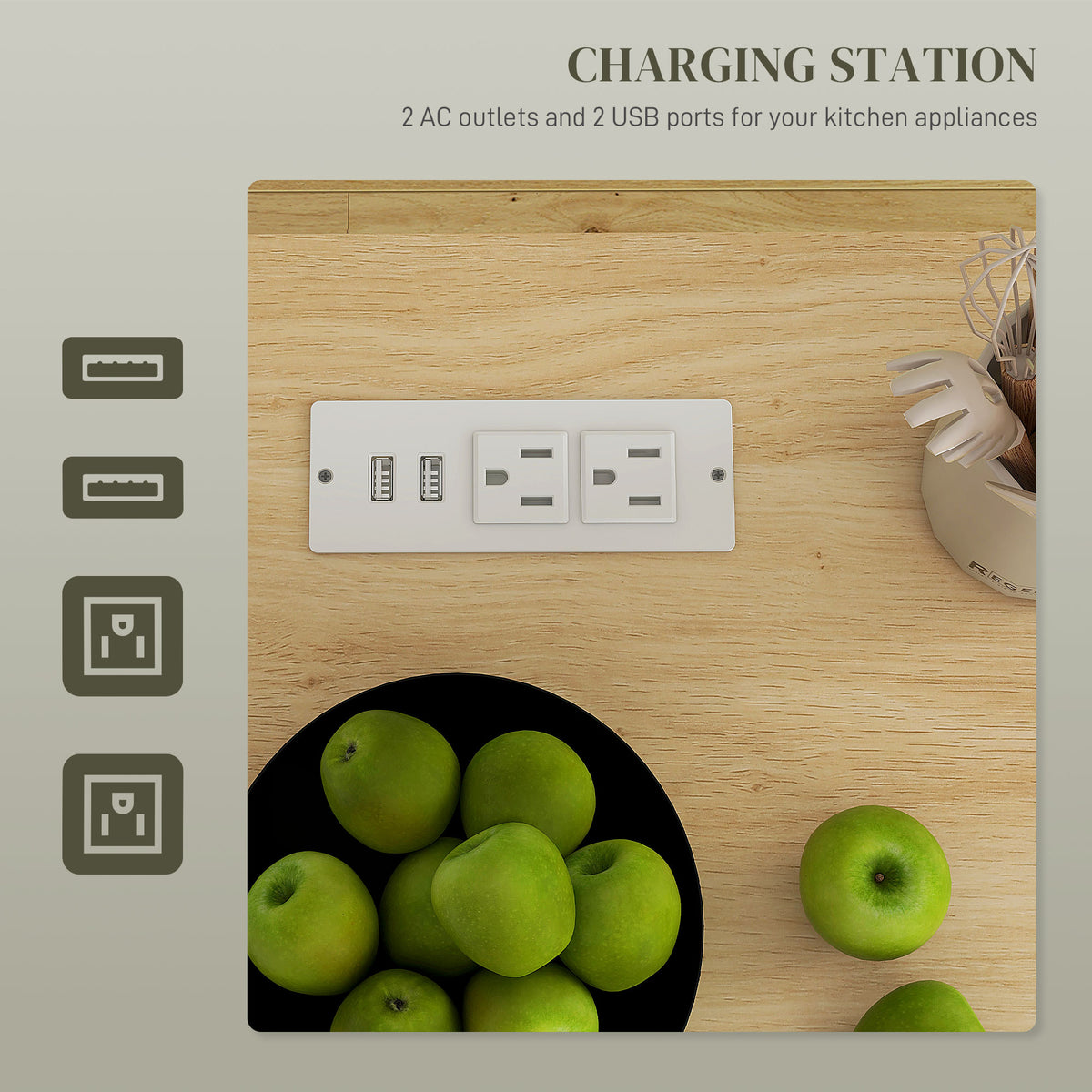 Îlot de cuisine mobile avec prises électriques et rangement