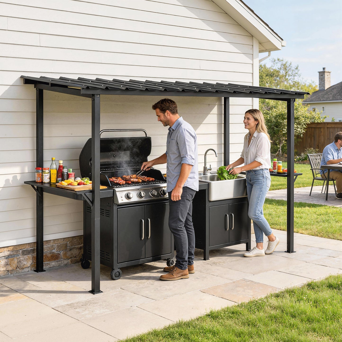 Gazebo BBQ toit rigide 366 x 183 cm avec tablettes