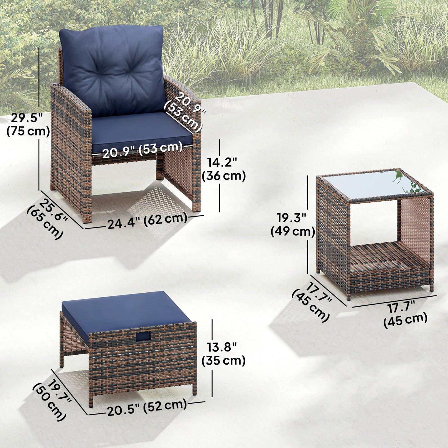 Outsunny 5-Piece Rattan Patio Set - Chairs + Ottomans + Glass Table
