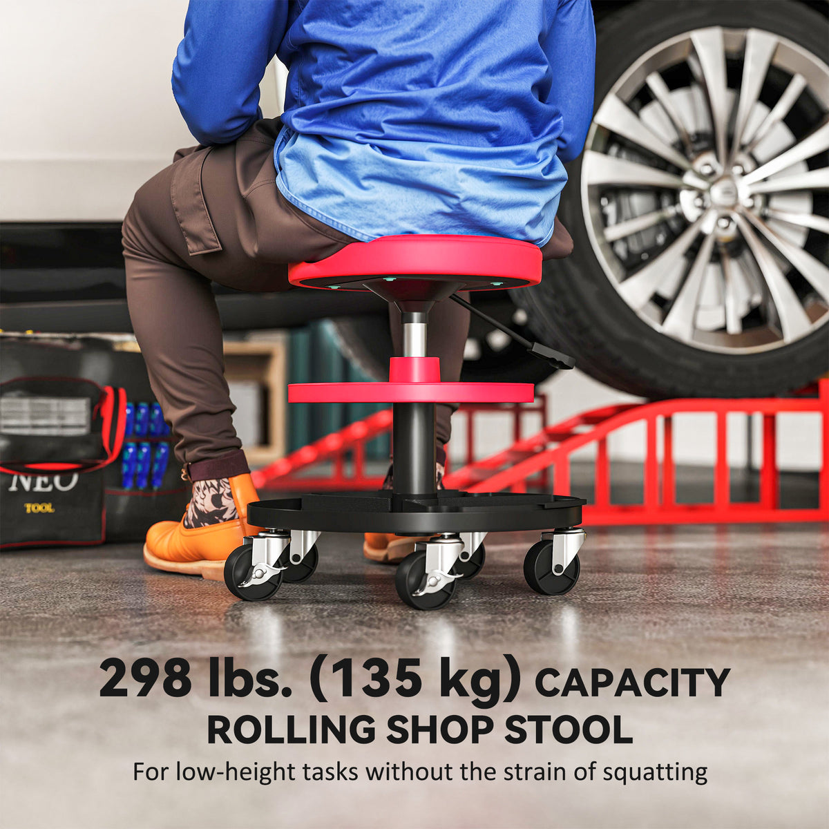 Tabouret de garage roulant à hauteur réglable avec plateaux