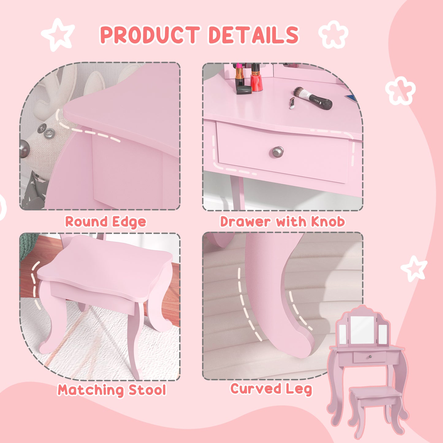 Coiffeuse enfant avec tabouret et miroirs pliants