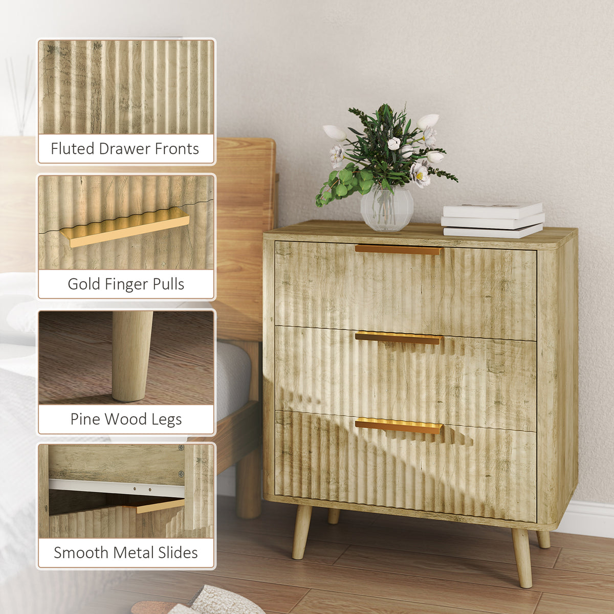 Commode 3 tiroirs moderne à cannelures en bois