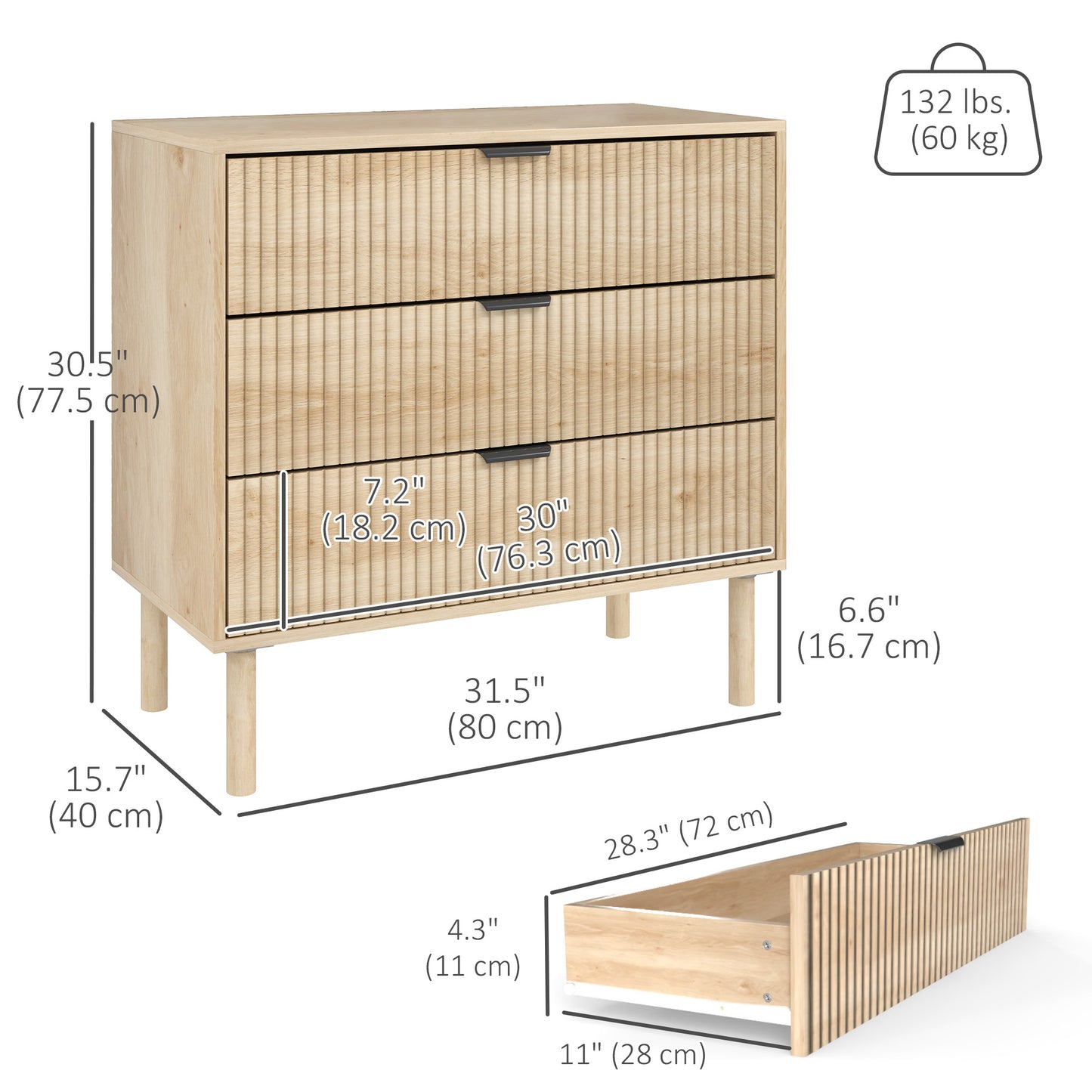 Commode 3 tiroirs à panneaux cannelés et pieds en bois