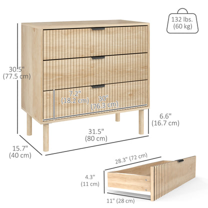 Commode 3 tiroirs à panneaux cannelés et pieds en bois