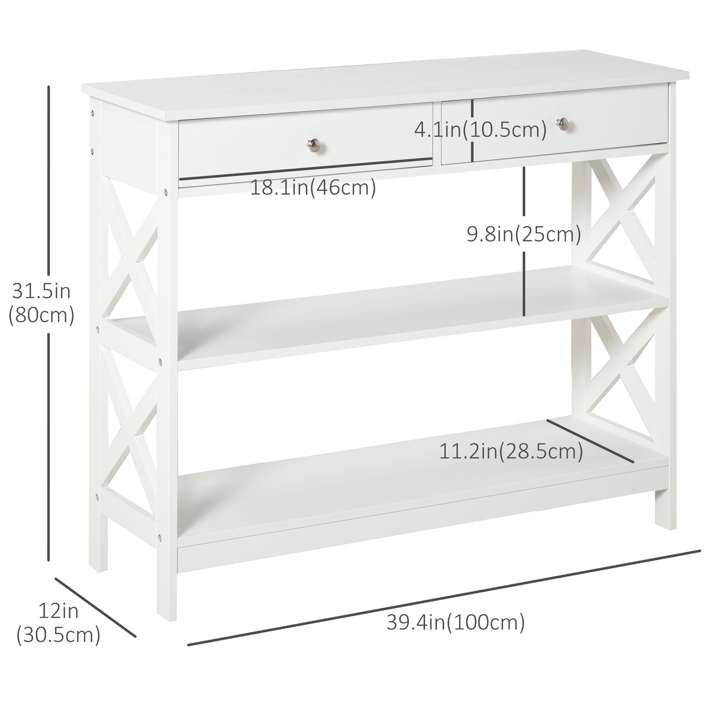 Table console étroite 99 cm avec tiroirs et étagères