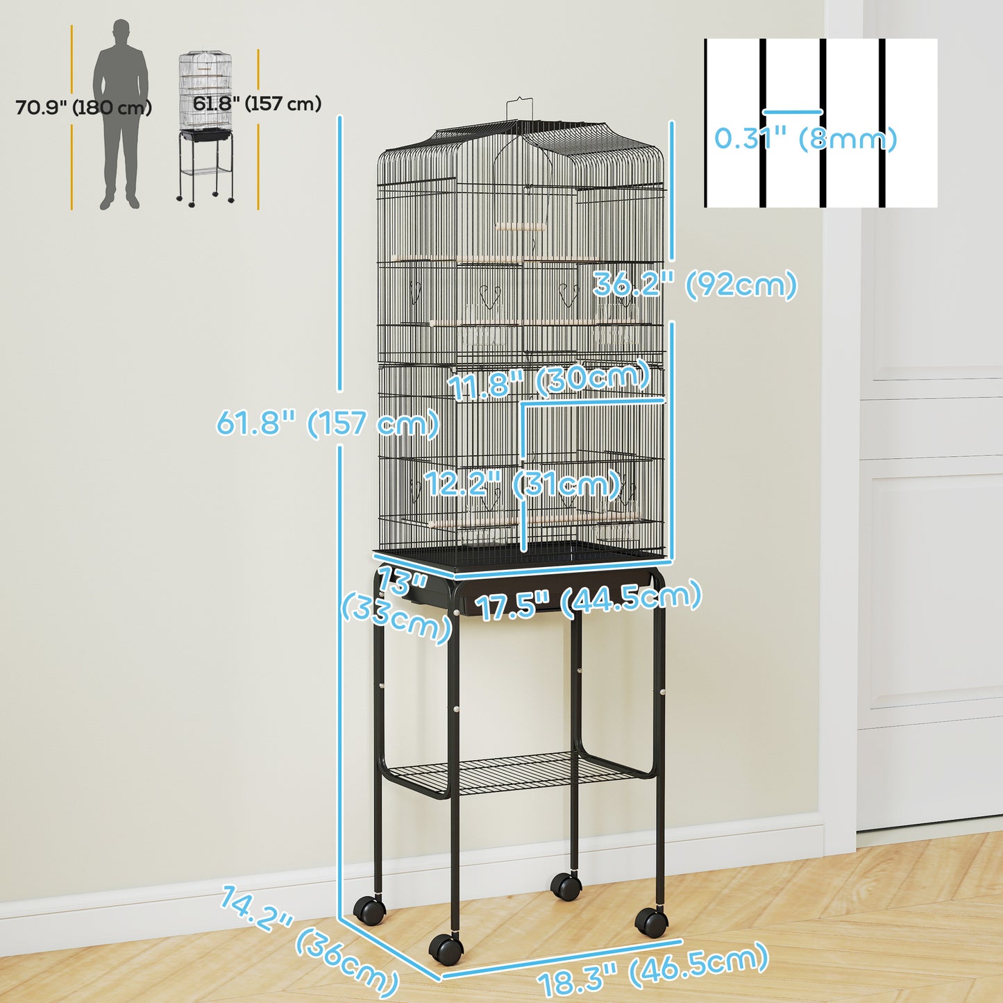 Cage à oiseaux sur roulettes avec tablette de rangement