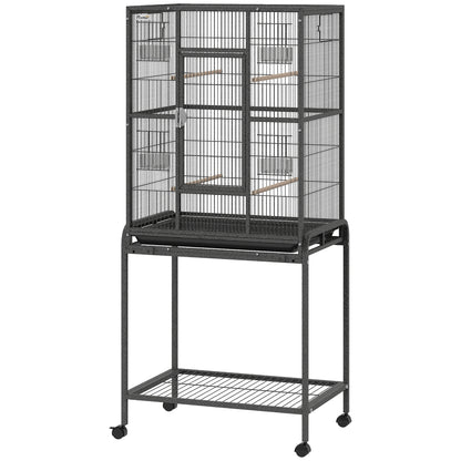 Grande cage à oiseaux sur roulettes avec perchoirs