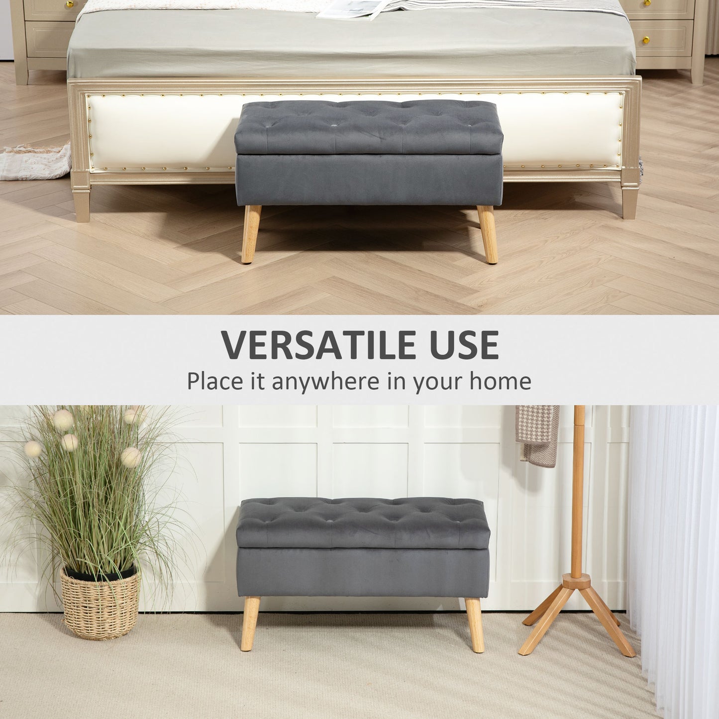 Pouf coffre rembourré velours avec pattes en bois